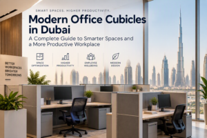 High-Pressure Laminate (HPL) office cubicles with privacy partitions in a modern Dubai office